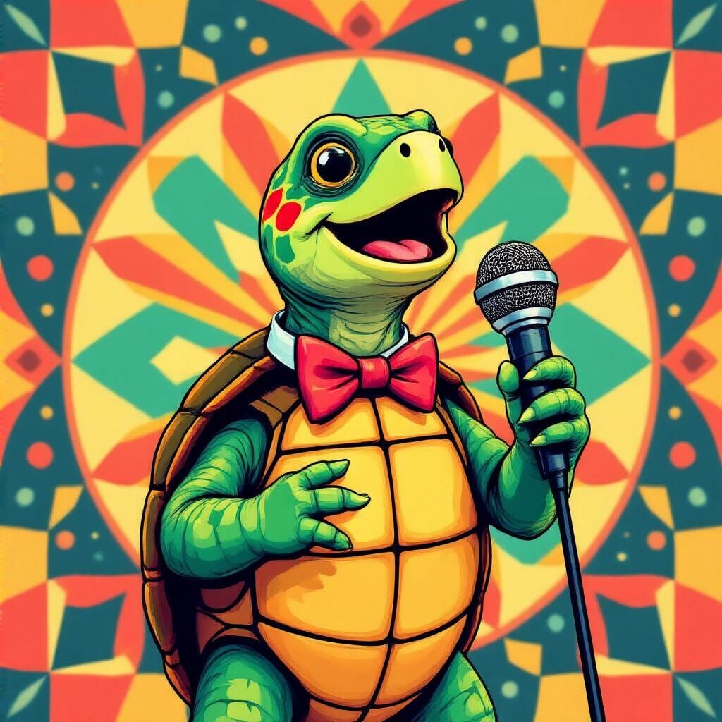 Cartoon Turtle Singer in Klimt-Inspired Pop Art