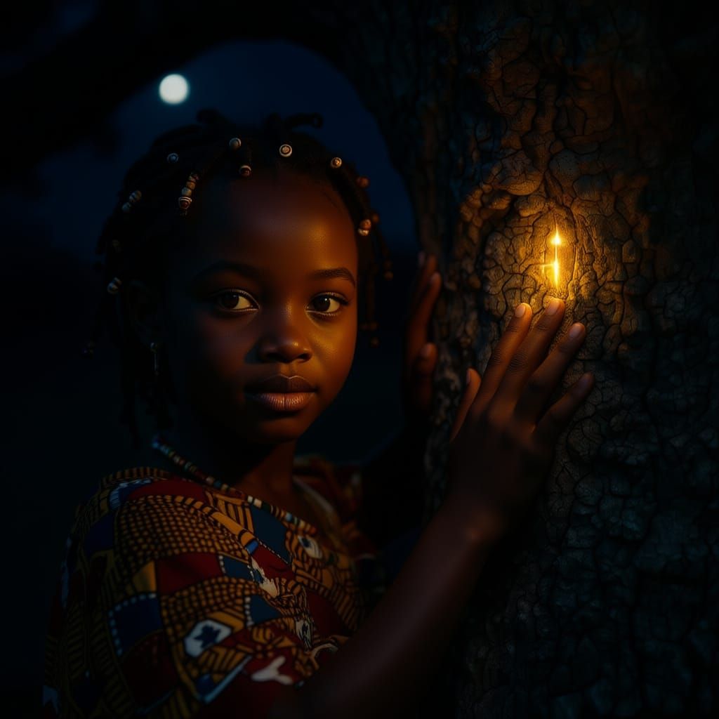 Young African Girl Touches Magical Baobab Tree