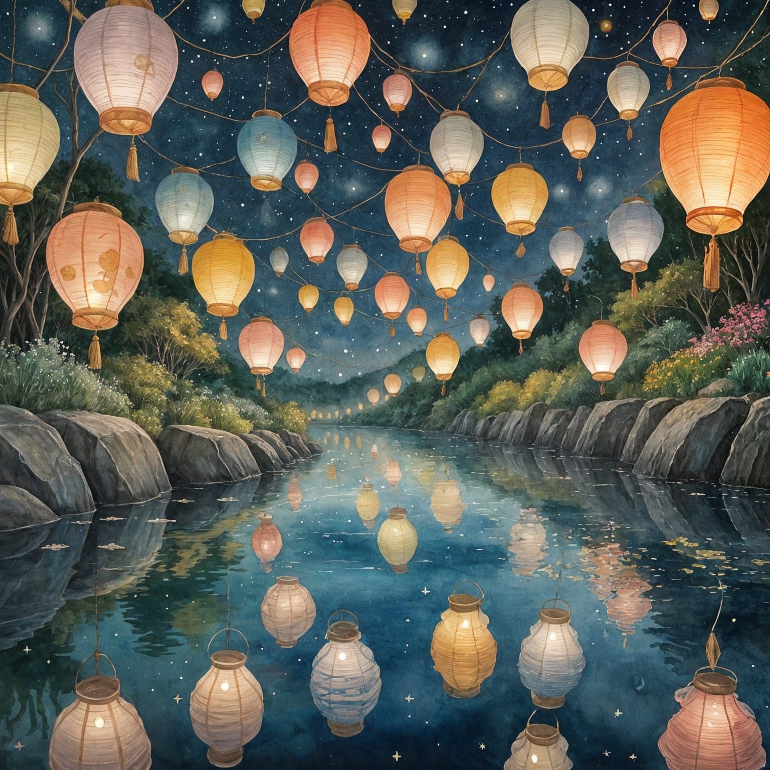 Ethereal River of Celestial Lanterns: Watercolor Art