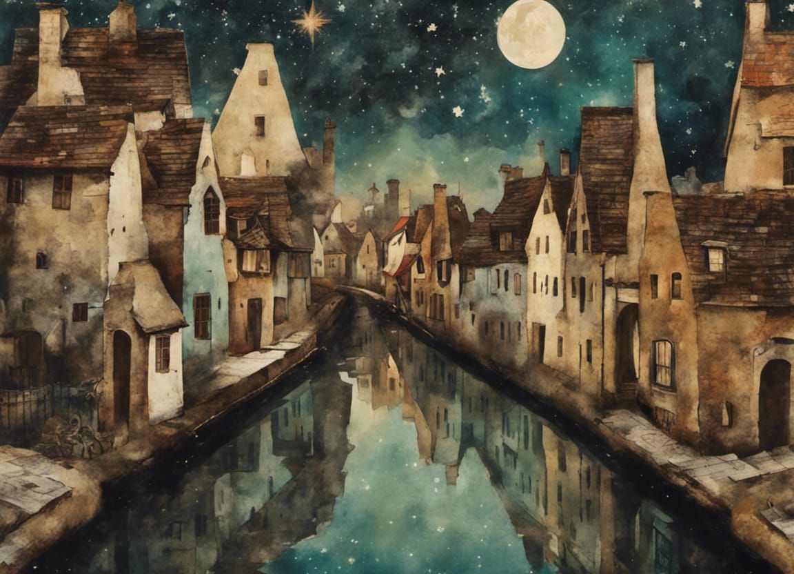 Mystical Canal Village in Mixed Media Collage