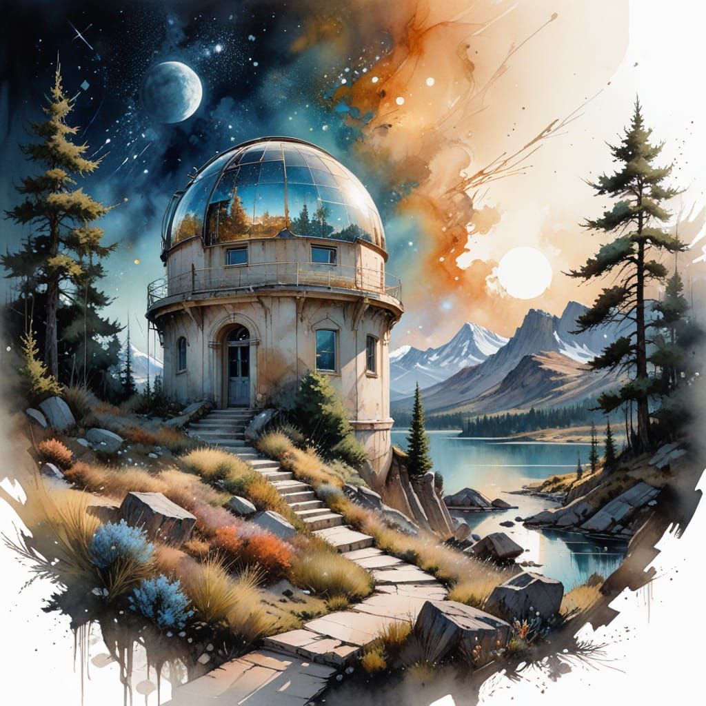 Dilapidated Observatory: Watercolour Painting of Starry Nigh...