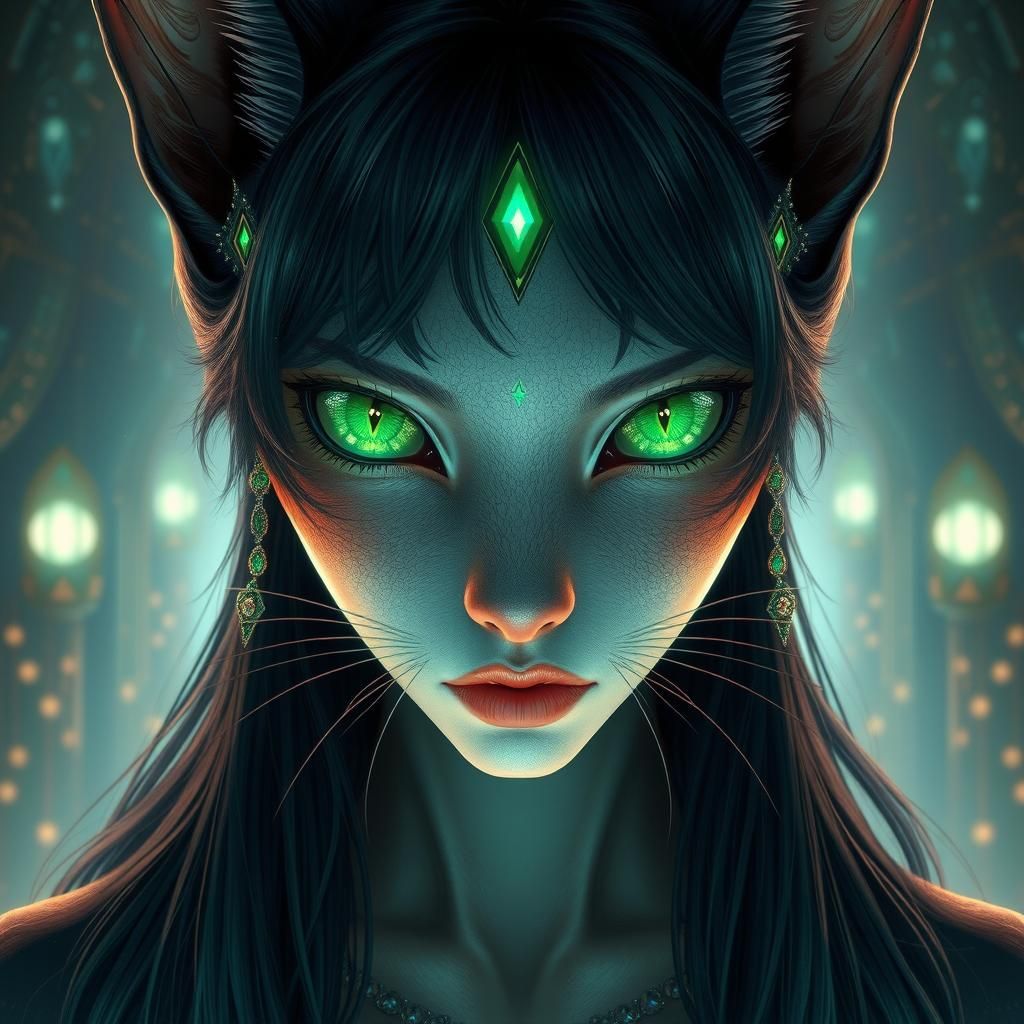 Ethereal Cat-Woman in a Fantasy Landscape
