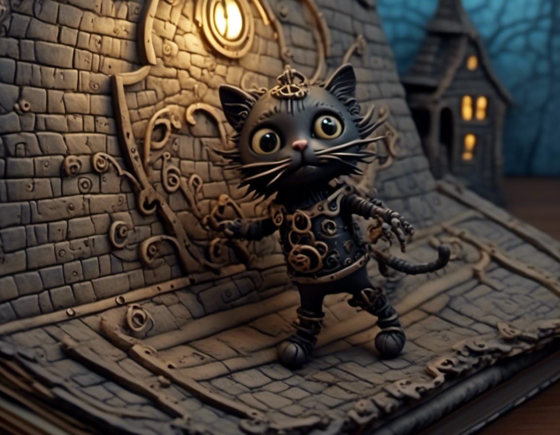 Gothic Cat Strutting in Pop-Up Book Style