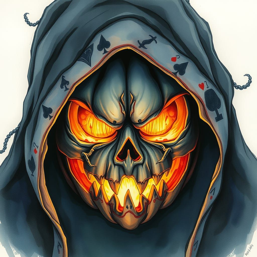 Jack-o'-Lantern Card Creature in Watercolor Style