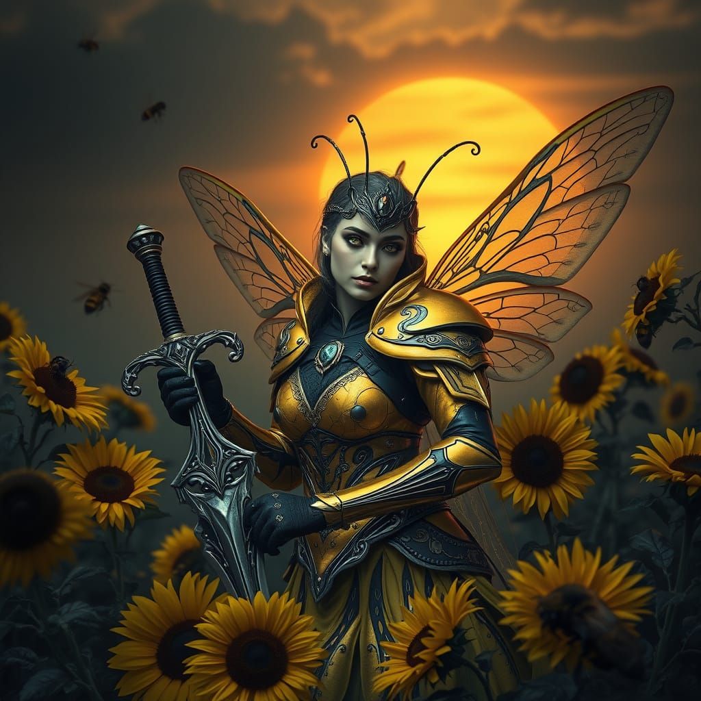 Gothic Bumblebee Queen Reigns in Neon Noir Sunset