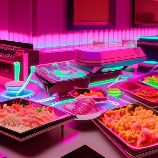 Vibrant 80s All-You-Can-Eat Buffet in Synthwave Neon