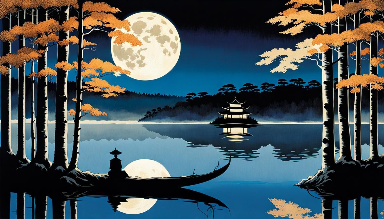 Mystical Moonlit Lake Sumi-e Ink Painting