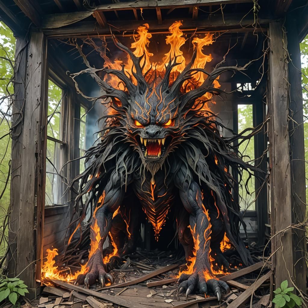 Fiery Creature in Abandoned House: Apocalyptic Symmetry