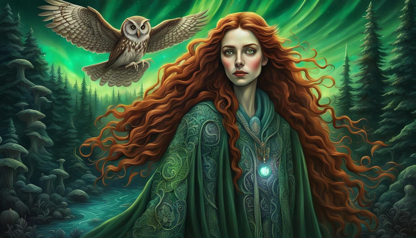 Auburn Haired Druid with Owl in Burtonesque Style