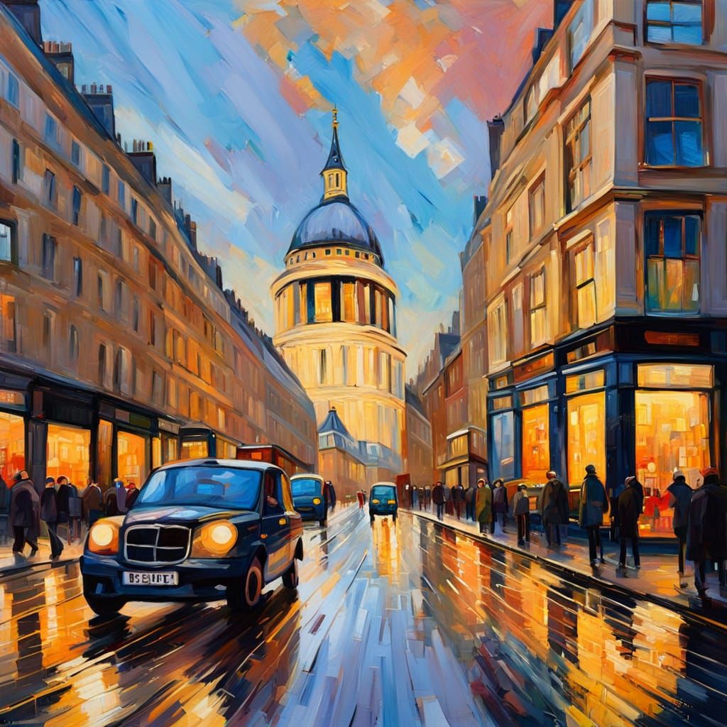 London Street Scene in Neo-Impressionist Style