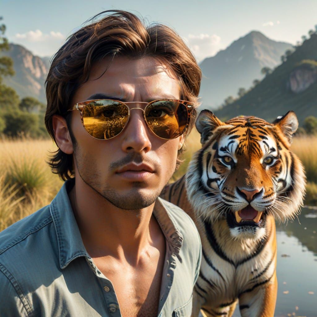 Frightened Man with Tiger Reflection in Sunglasses