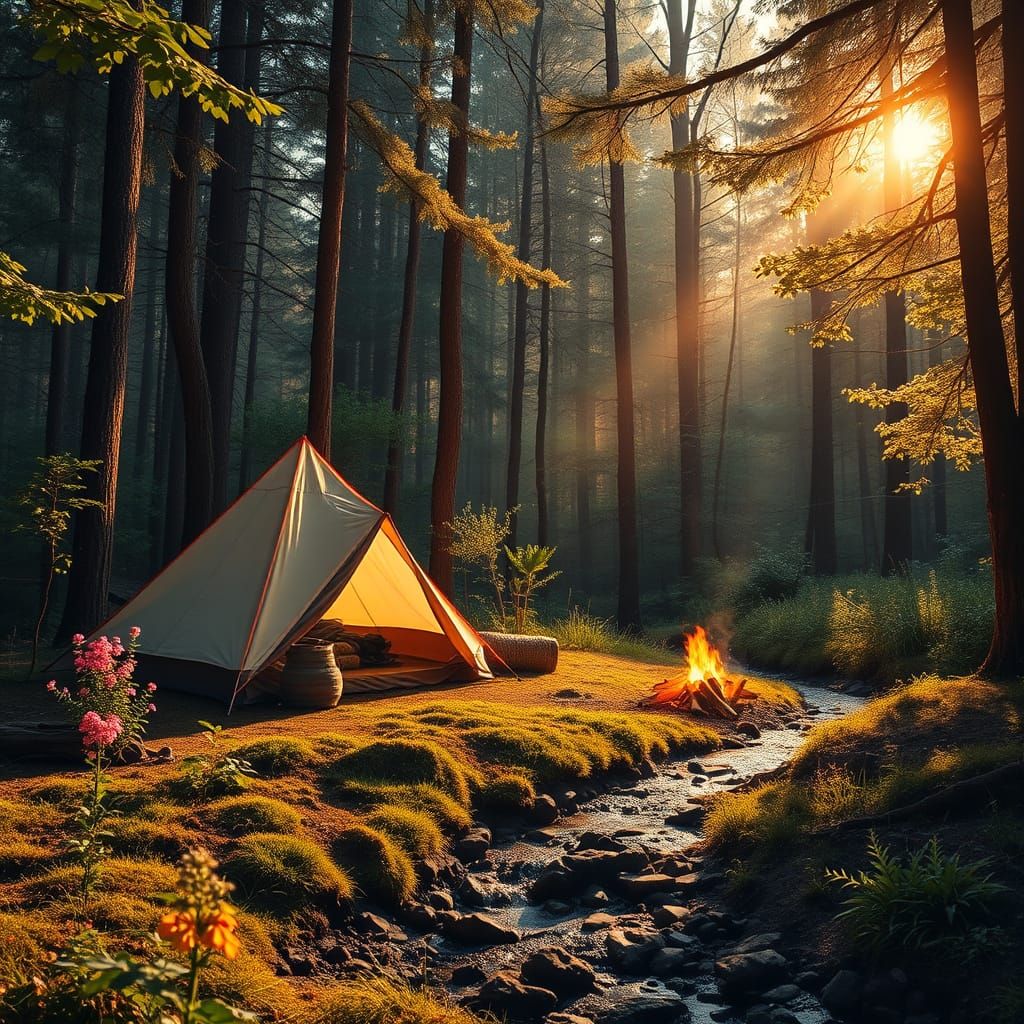Forest Campsite in Vibrant Colors
