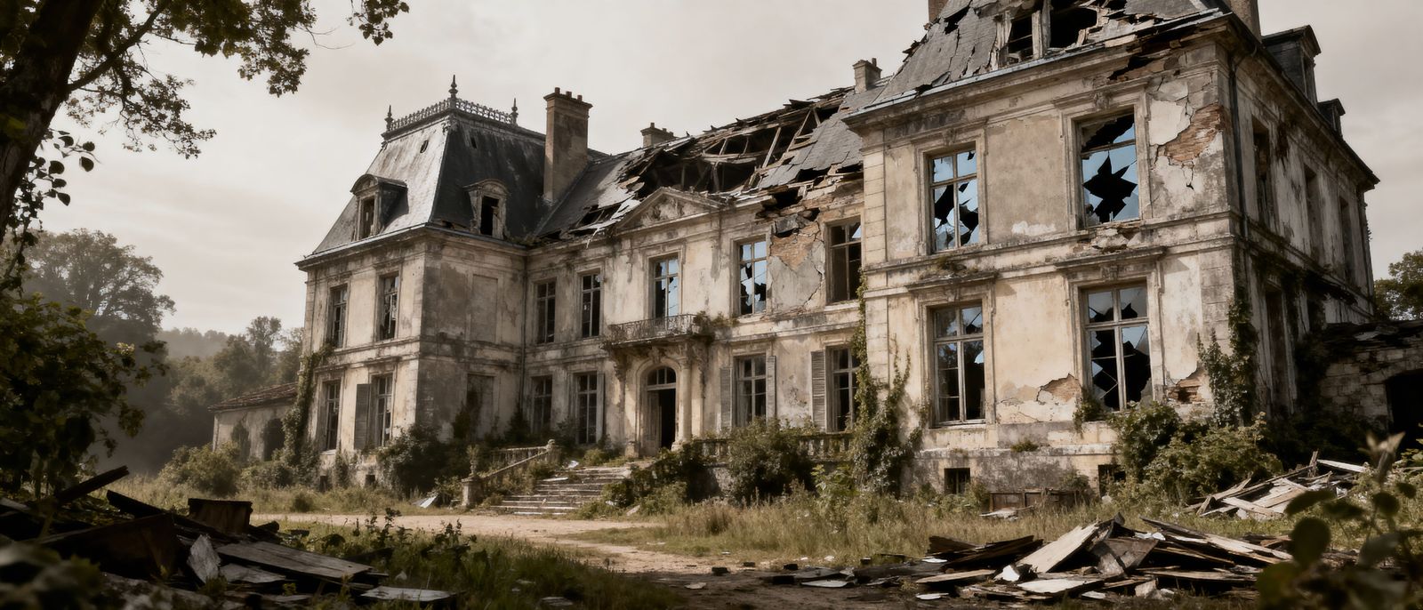 Abandoned French Chateau with Collapsed Mansard Roof