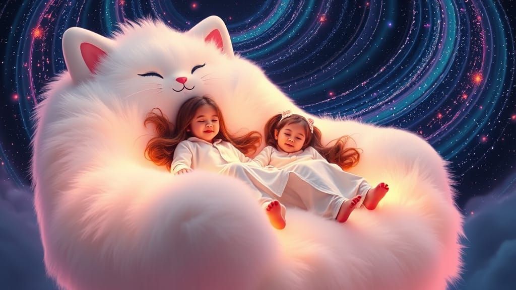 Girls Dreaming in a Flying Cat Chair, Neon Digital Art