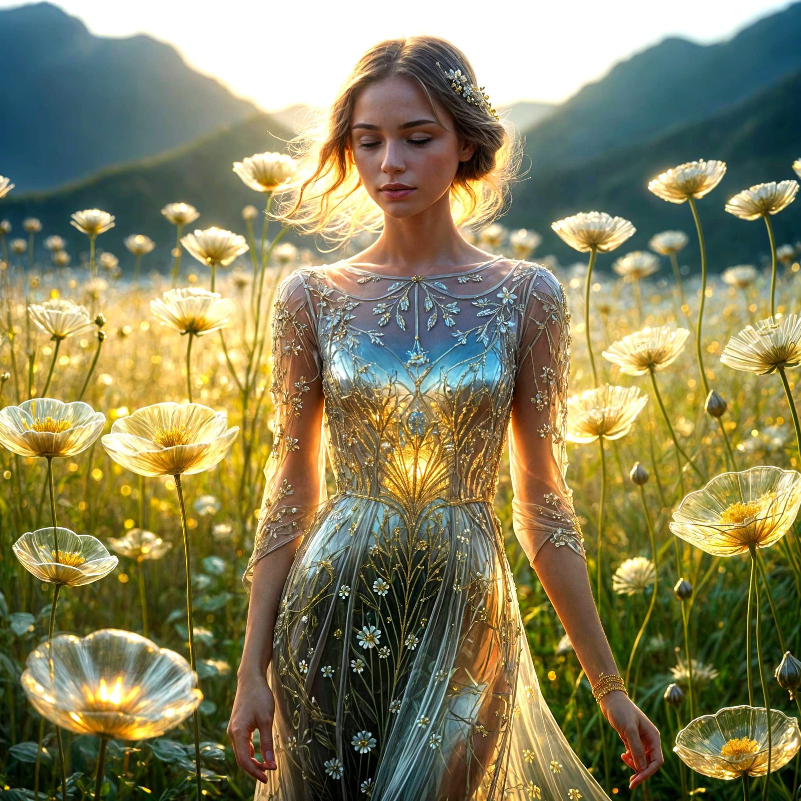 Woman in Flowing Glass Dress with Gold Filigree