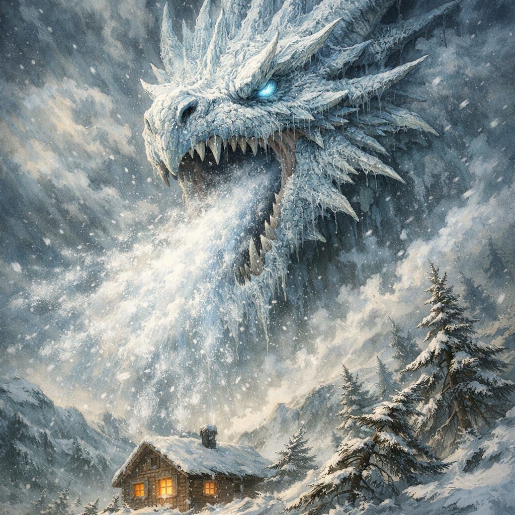 Ancient Ice Dragon Emerges From Storm Clouds