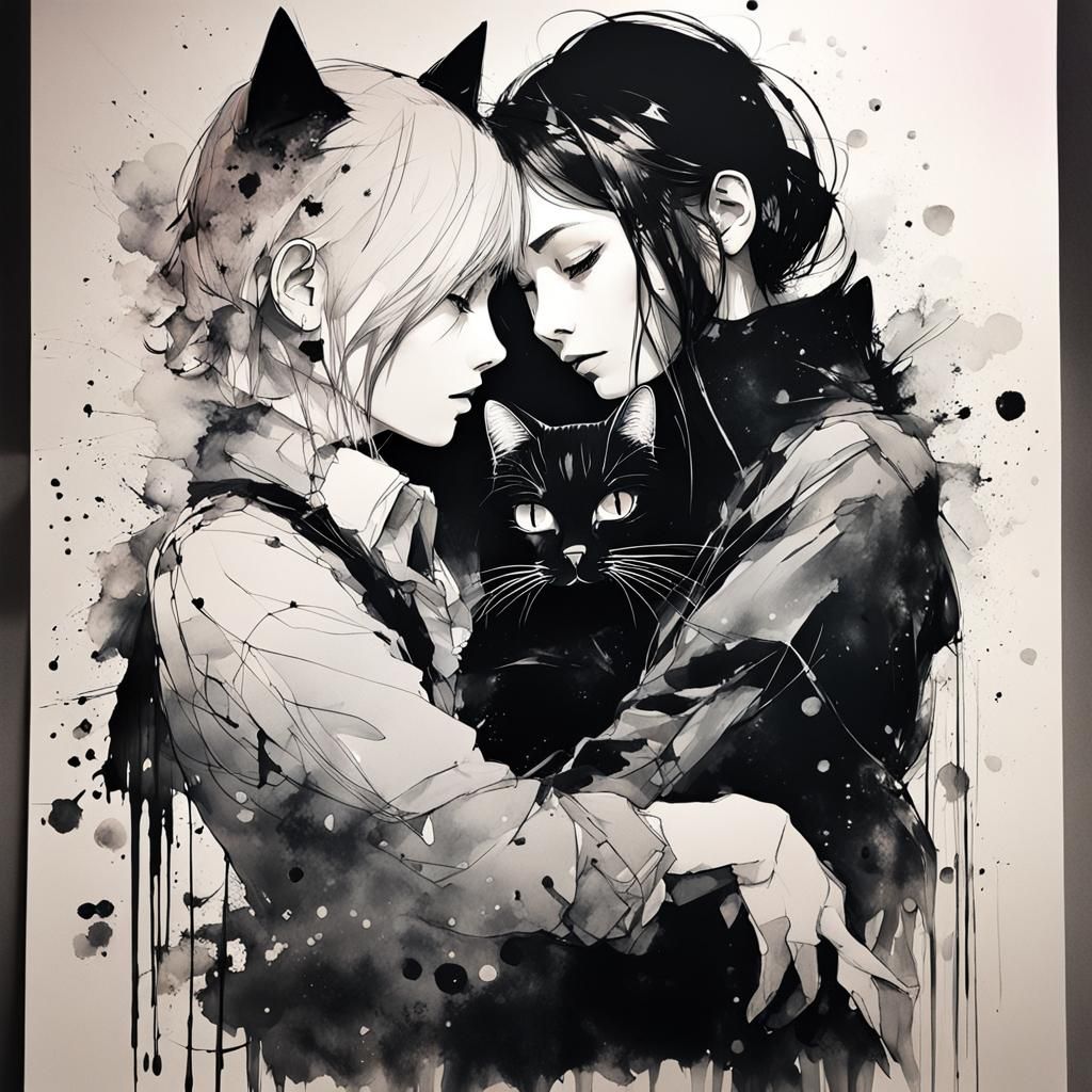 Modern Ink Art: Cat and Lesbian Couple