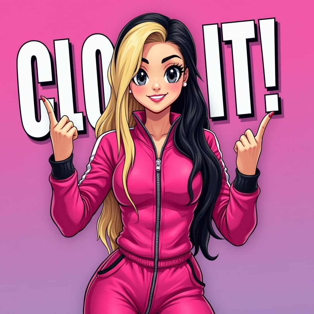 Cartoon Woman in Pink Tracksuit with Finger Guns