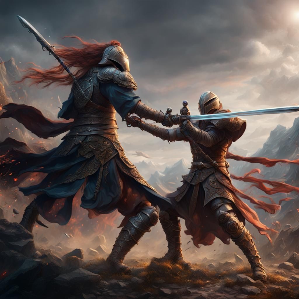Epic Sword Duel in Detailed Matte Painting