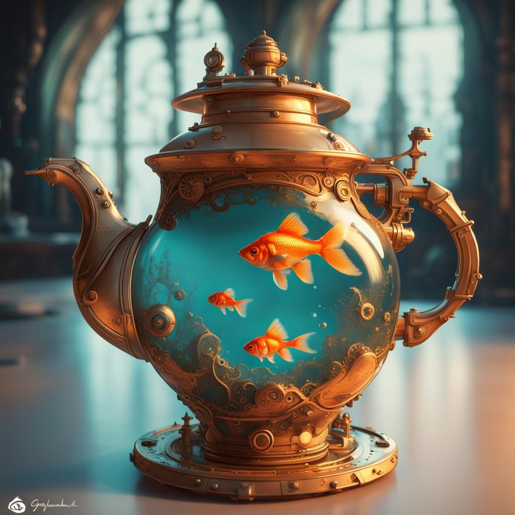 Steampunk Goldfish Ceramic Teapot: Detailed Concept Art
