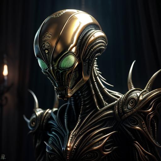 Intricate Alien Metal Sculpture in Surrealist Style