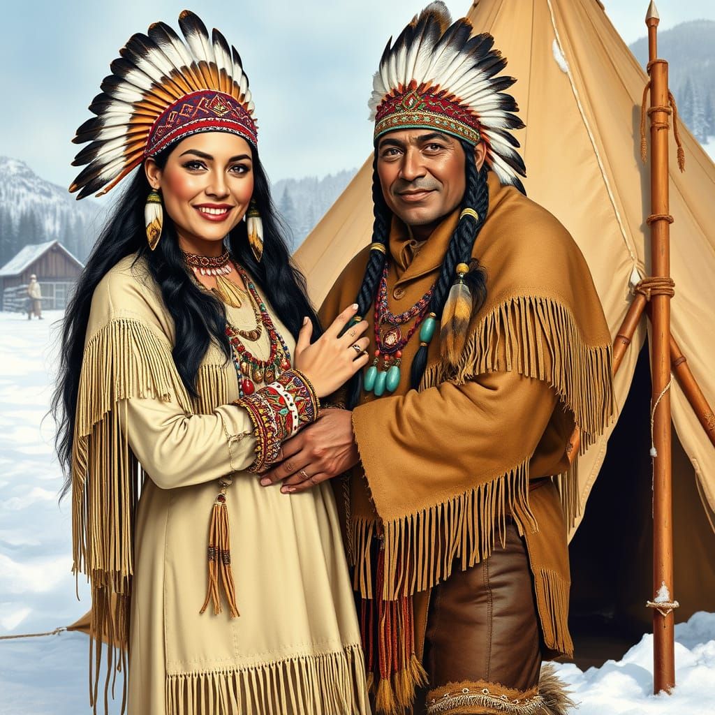 Native American Couple Embracing in Winter Wonderland