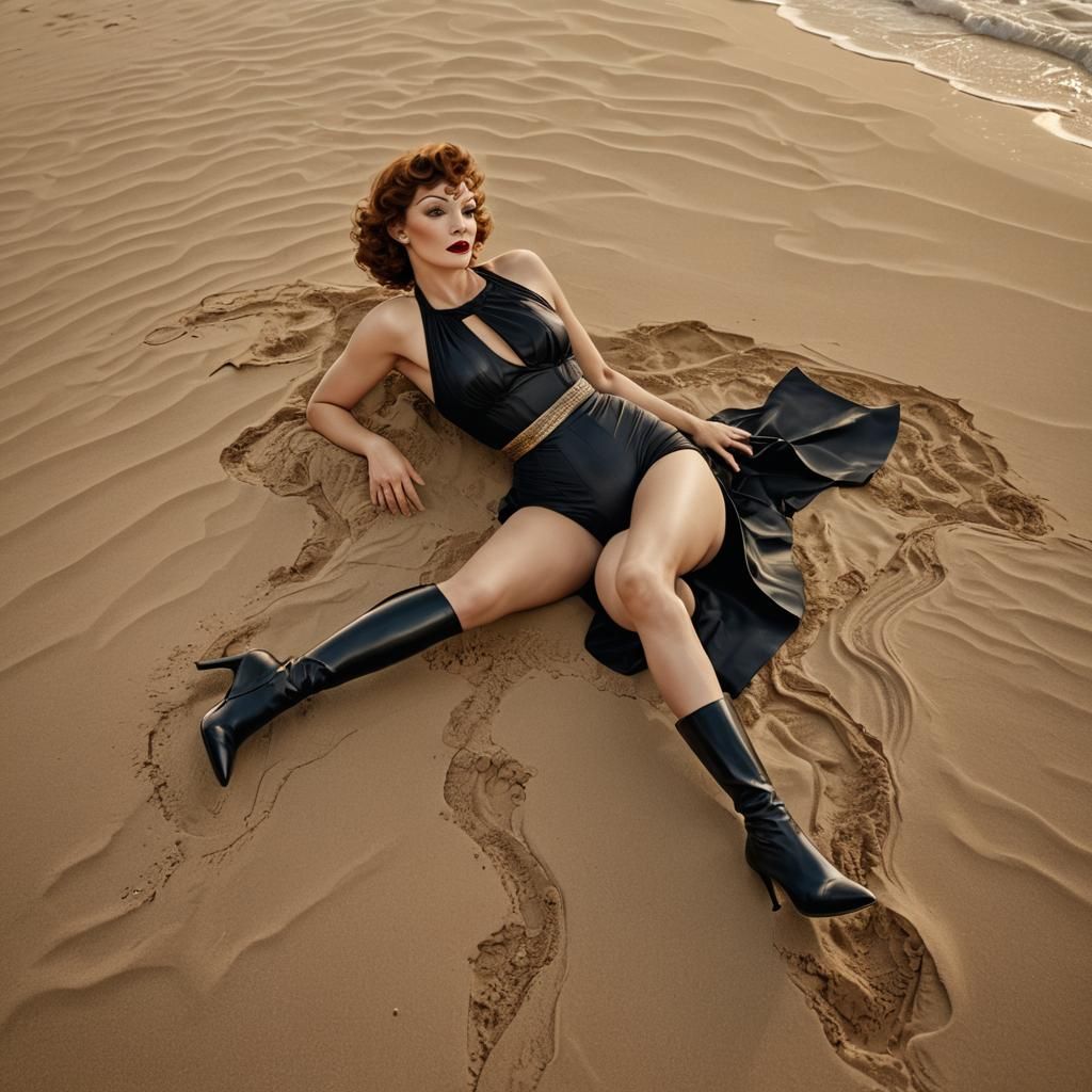 Desert Sunset: Woman in Black Swimsuit on Beach