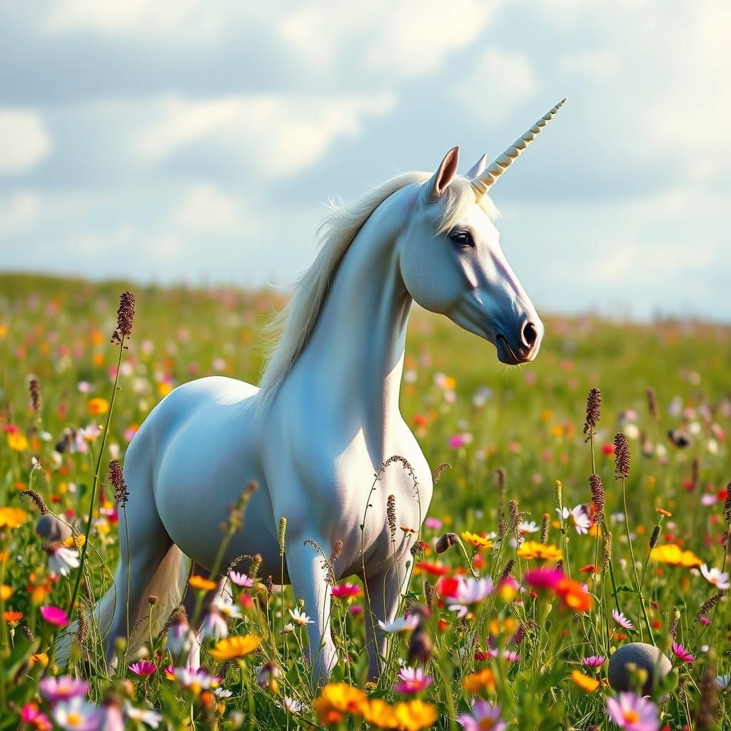 Shimmering Unicorn in Vibrant Meadow