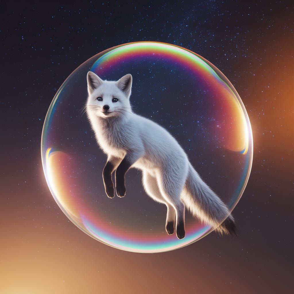 White Fox Floating in Soap Bubble Among Stars