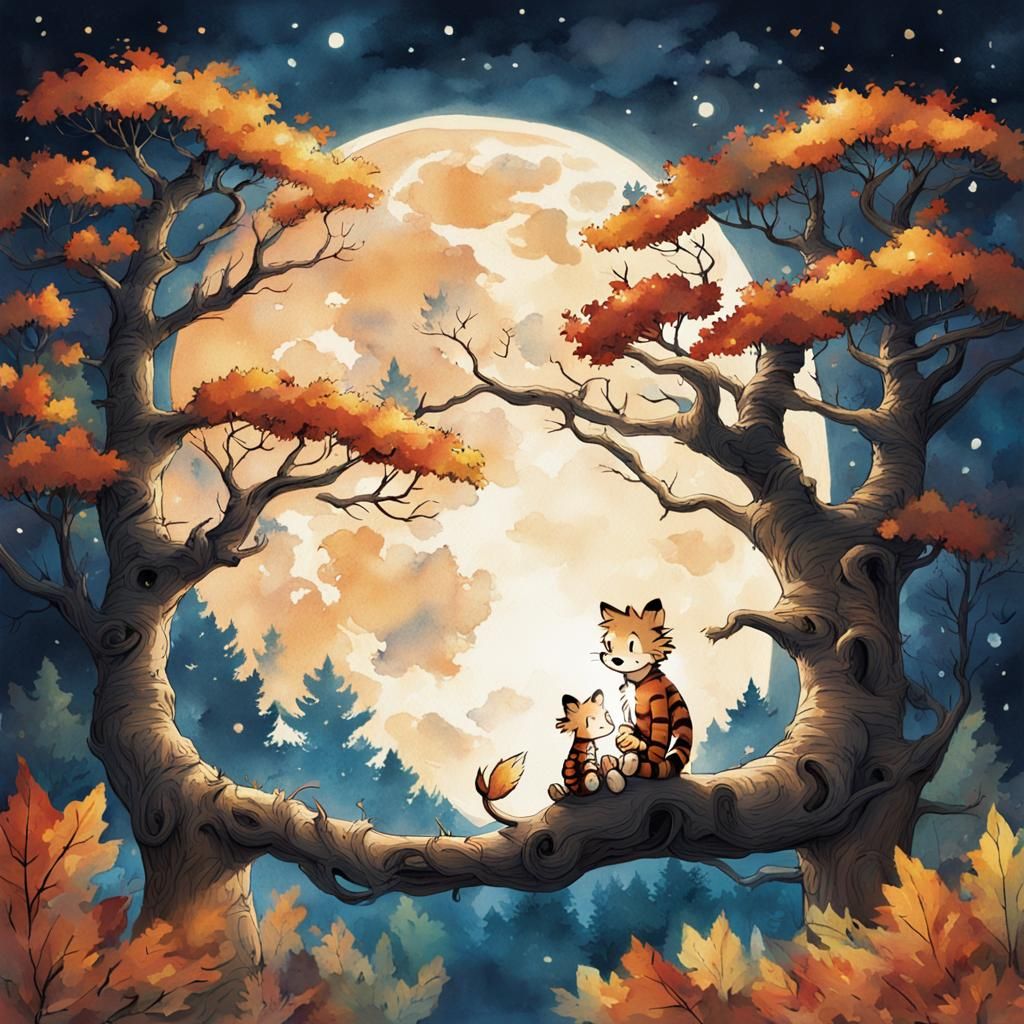 Calvin and Hobbes in Moonlit Treehouse, Watercolor Style