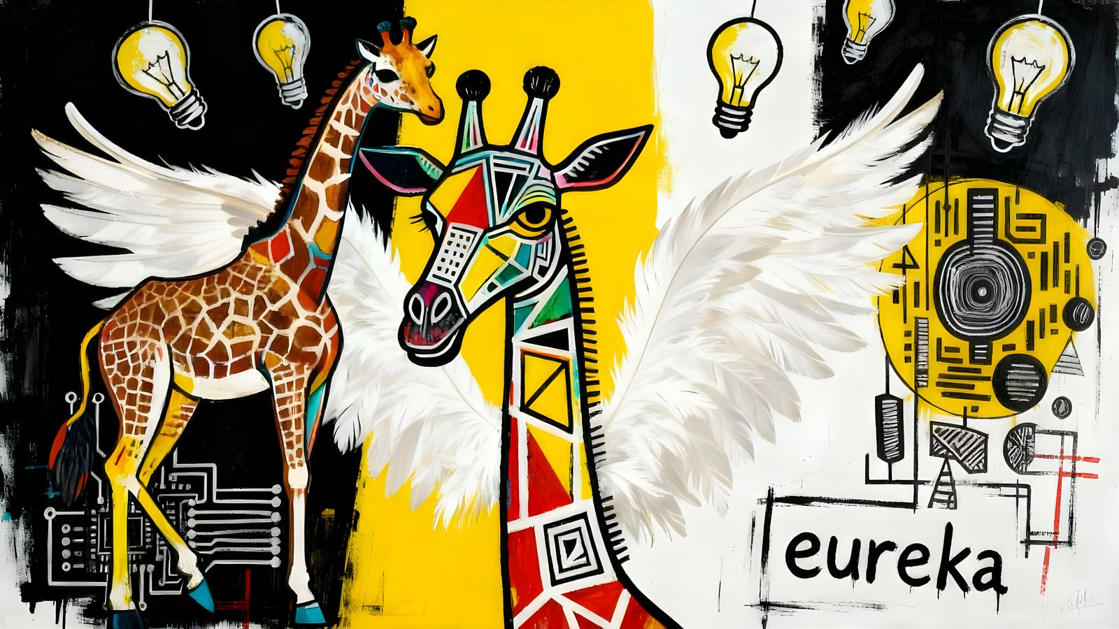 Colorful Giraffe Angel with Feathered Wings and Circuits