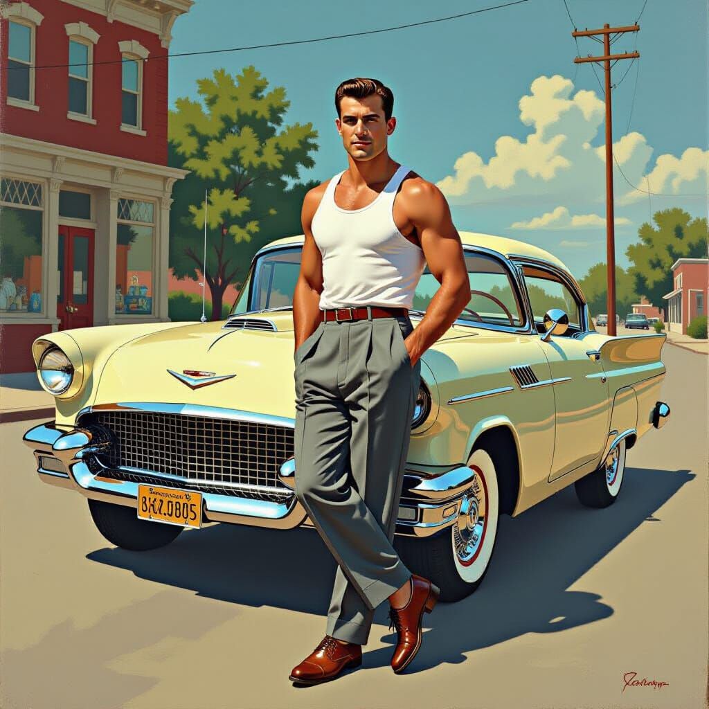 Man in 1950s Car, Hyperrealistic Painting