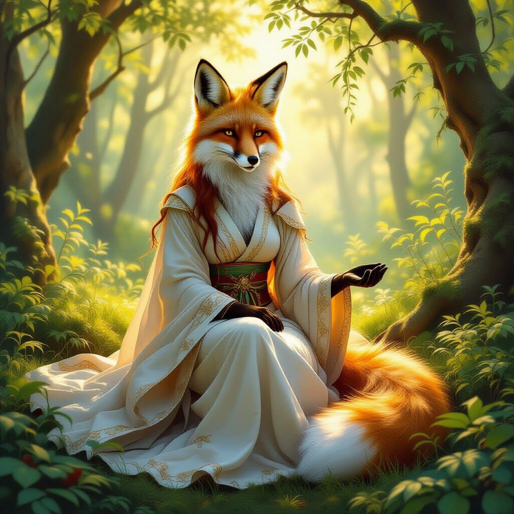 Mystical Fox Goddess in Oil Painting Style