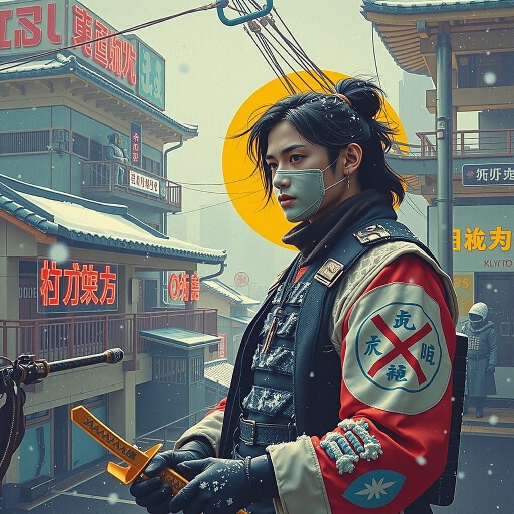 Cyberpunk Ninja on Kyoto Rooftop in the Snow