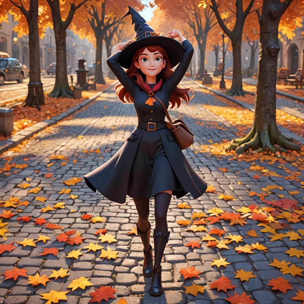 Pretty Witch Enjoying Autumn Day in 3D