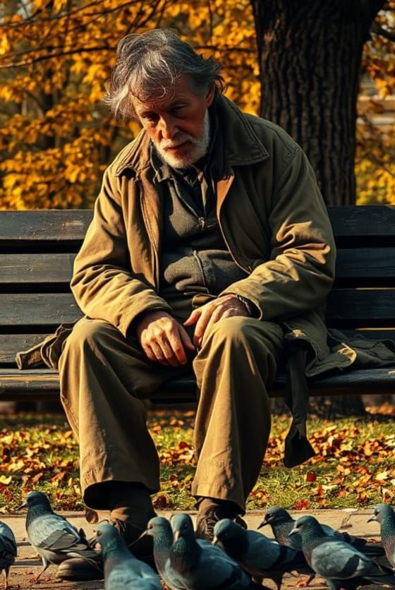 Homeless Man Watches Pigeons in Autumn Landscape