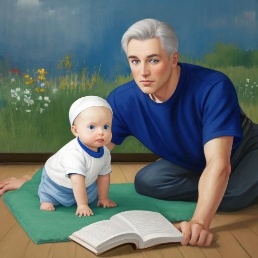 Family Teaching Baby Life Skills: Gouache Impressionism