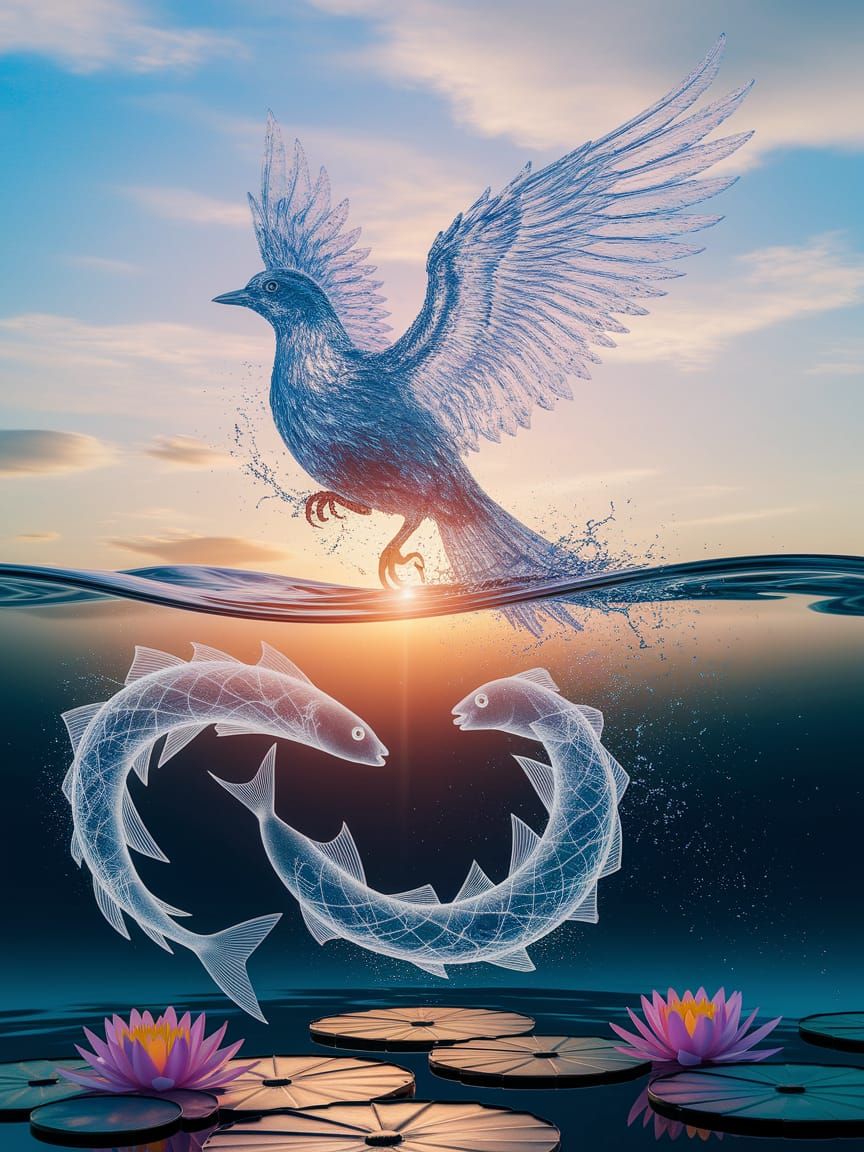 Water Bird Emerges from Lake in Double Exposure Watercolor A...