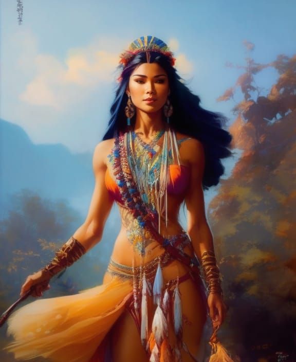 Detailed Pocahontas Portrait in Digital Painting Style
