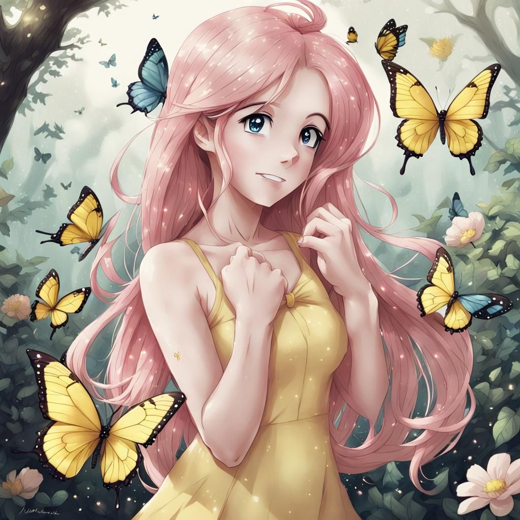 Fluttershy Surrounded by Butterflies in Anime Style