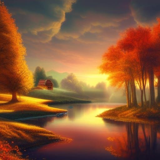 Pop Art Deco Autumn Landscape at Sunrise