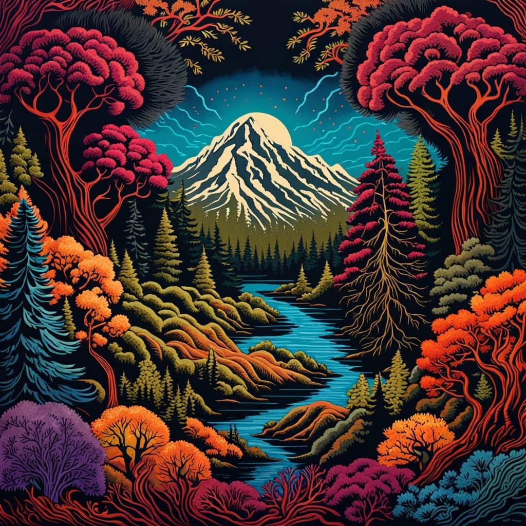 Maximalist Eldritch Woodcut in Deep Color