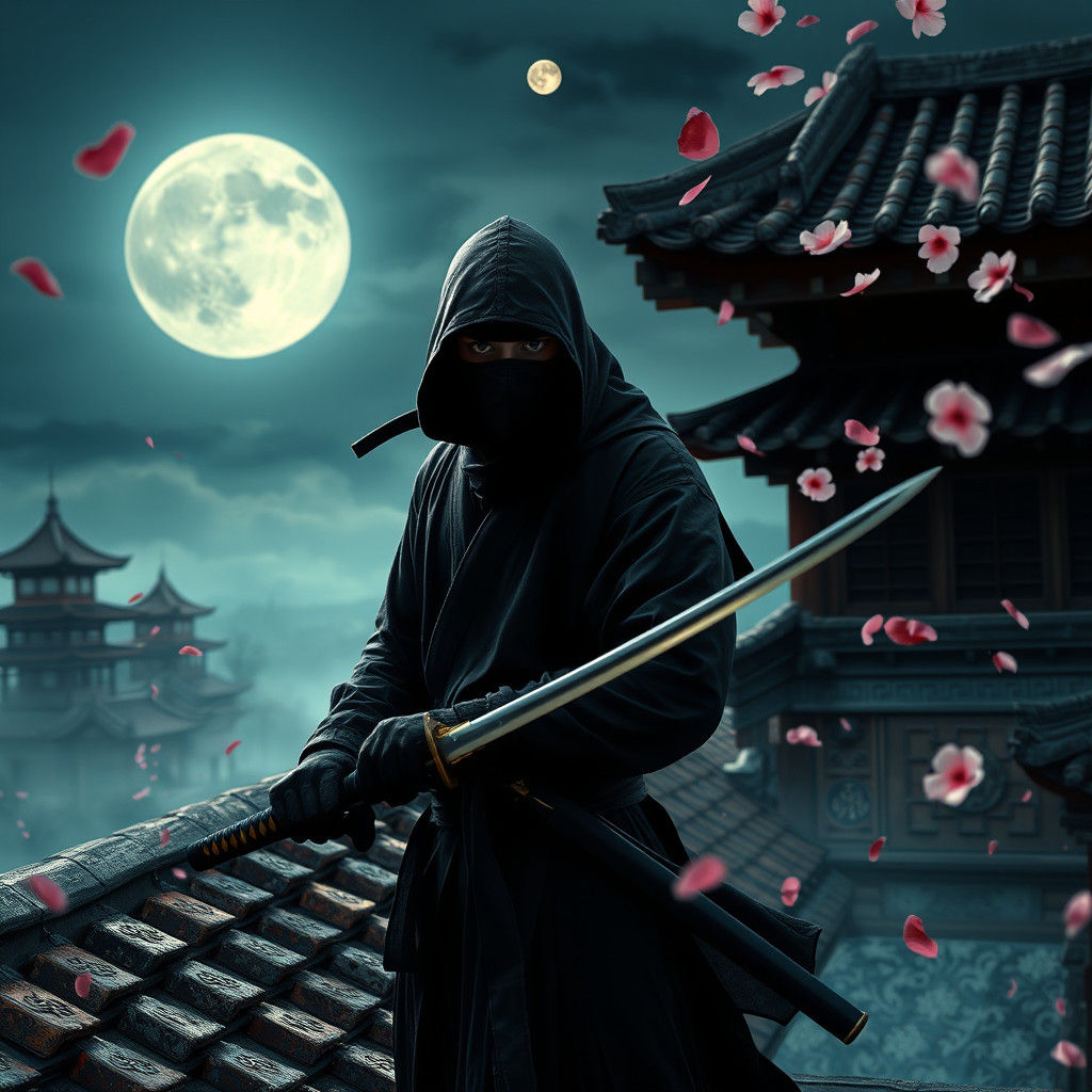 Ninja on Rooftop in Cinematic Style