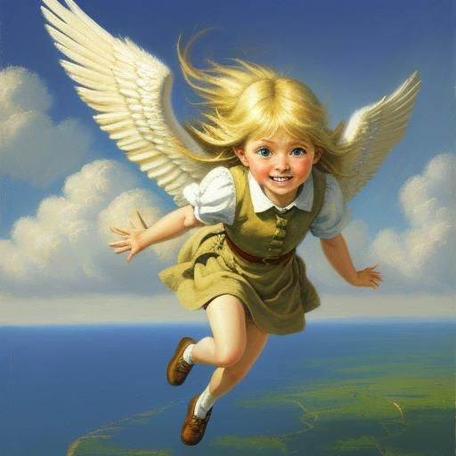 Cute Angel Girl Flying as Oil Painting