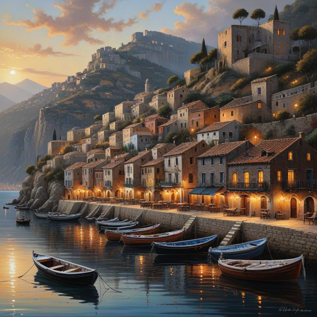 Mediterranean Village Port: Traditional Oil Painting