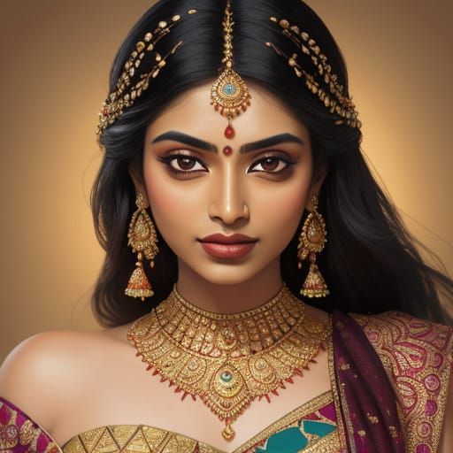 Attractive Hindu Woman with Henna in Indian Art Style