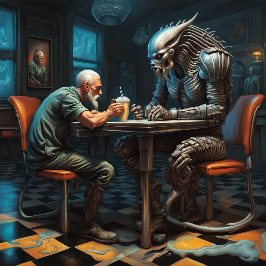 Surreal Predator Drinks Milkshake in Escher-Giger Style