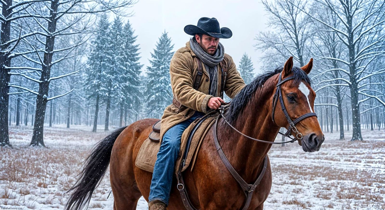 A Cowboy Rides Through a Snowy Blizzard