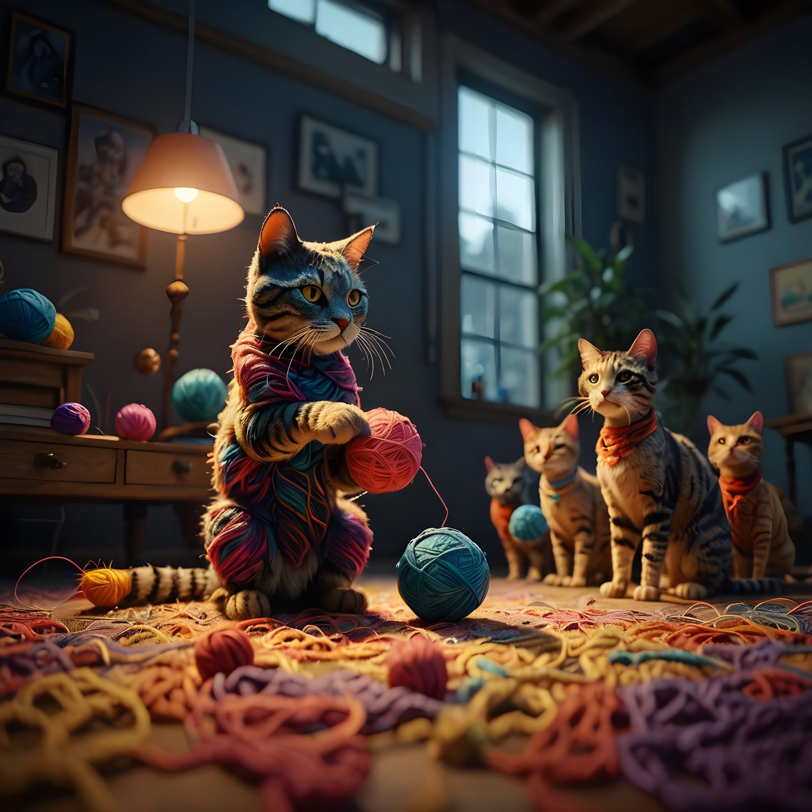 Hyperrealistic Yarn Cat Plays with Yarn Ball