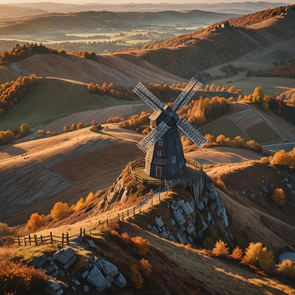 Surreal Autumn Windmill Fantasy Landscape in Pastel Colors